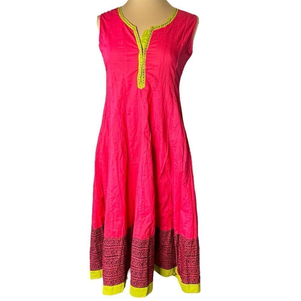 Westside Sz S 100% Cotton A Line Sleeveless Panel Dress Pink Green Light Airy